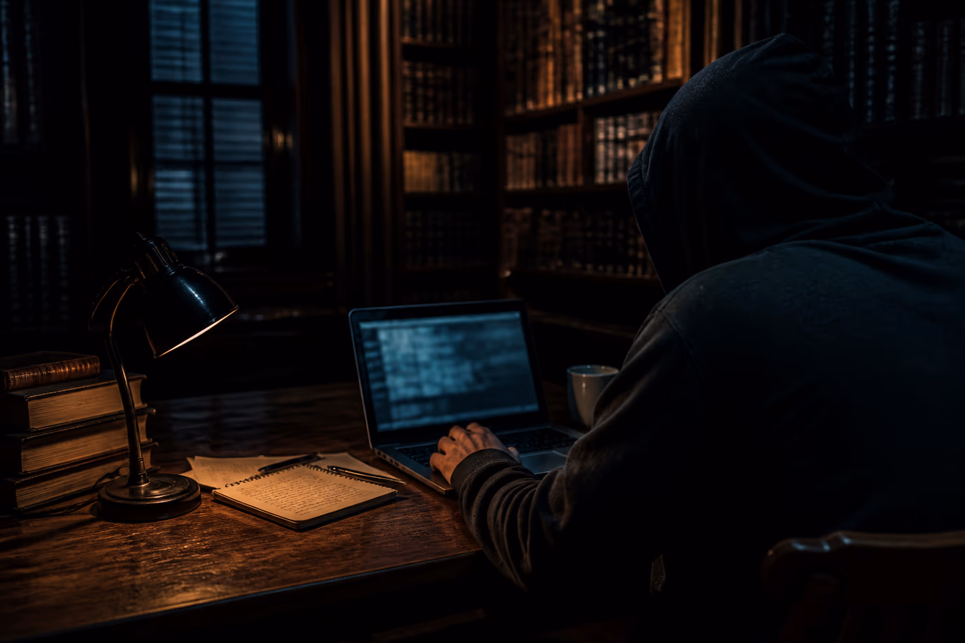 A person focused on a laptop in a dimly lit library, exploring the dark web.
