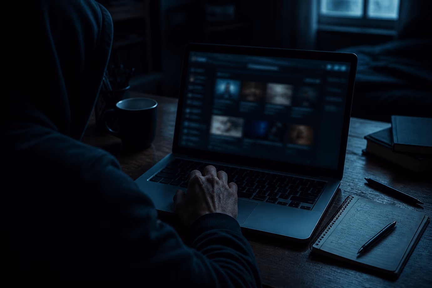 A user is focused on dark web marketplace listings displayed on a laptop in a cozy, low-lit room.