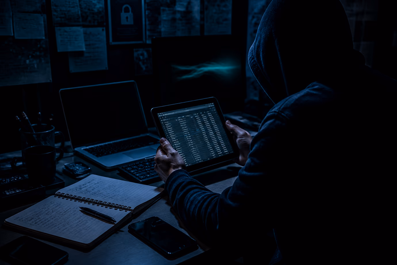 A user deeply engaged in reviewing a dark web combo list on a tablet.