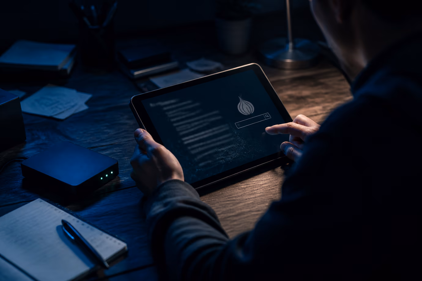 A user engaged in searching for Tor websites on a tablet in a dark room.