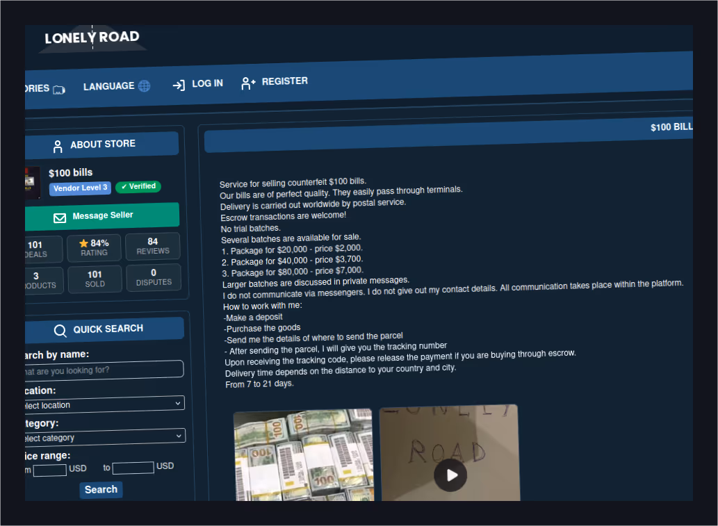 An example of a darknet marketplace offering fake counterfeit money for sale.