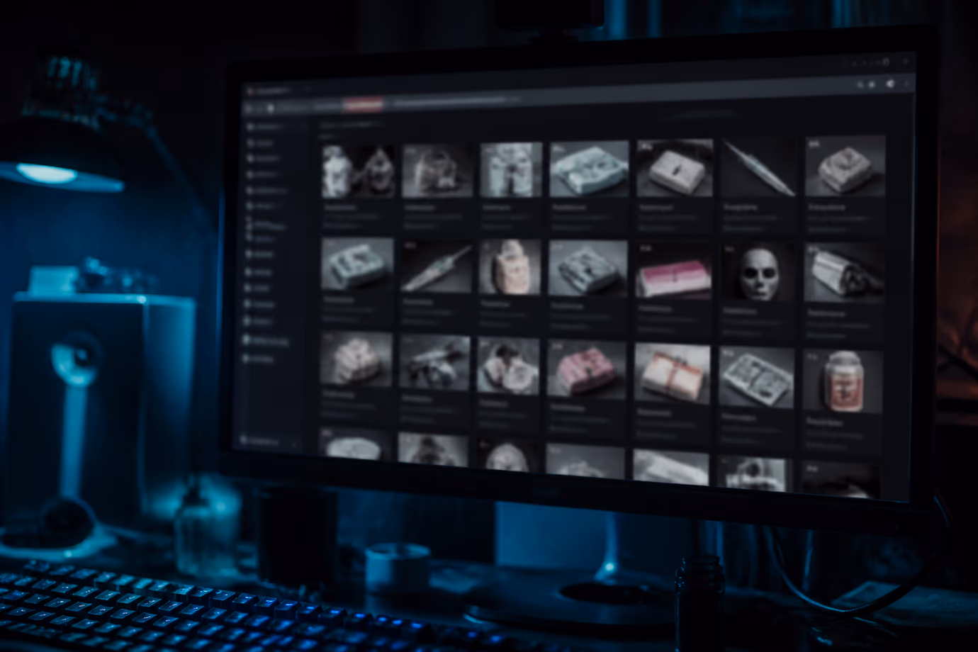 A dark web marketplace interface showcasing various illicit listings on a dimly lit computer screen.