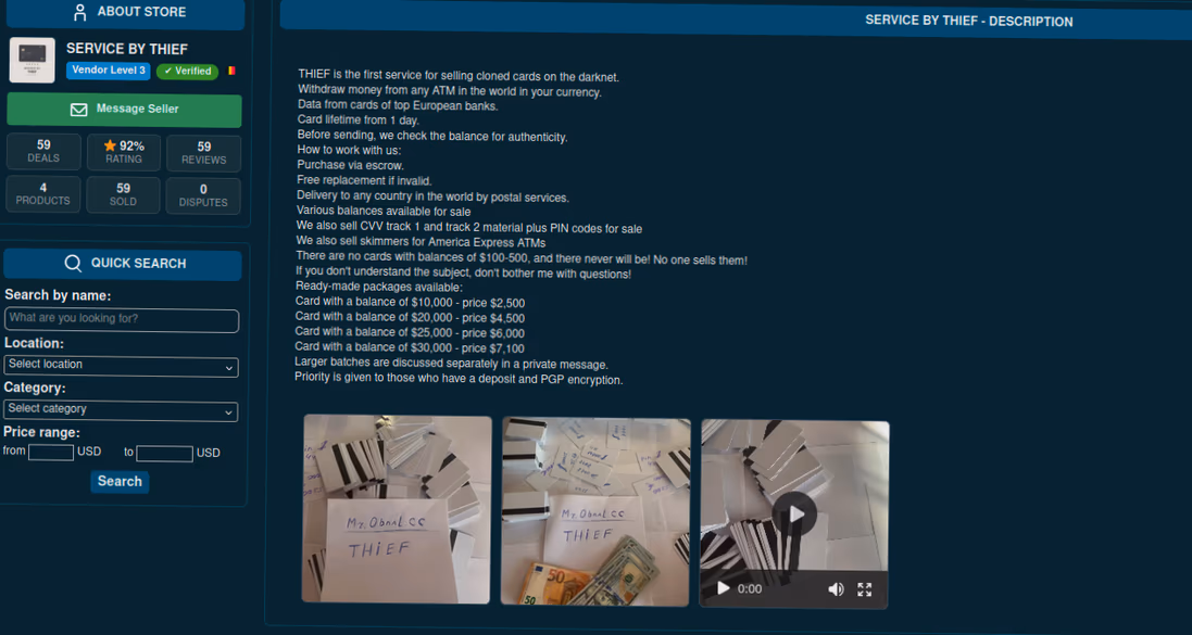 Website interface offering cloned card services