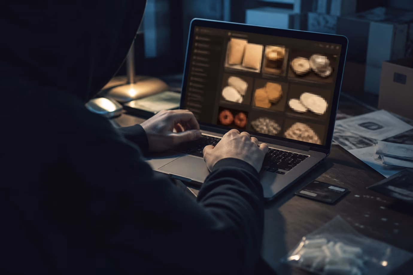 A person is focused on browsing dark web drug listings on their laptop.