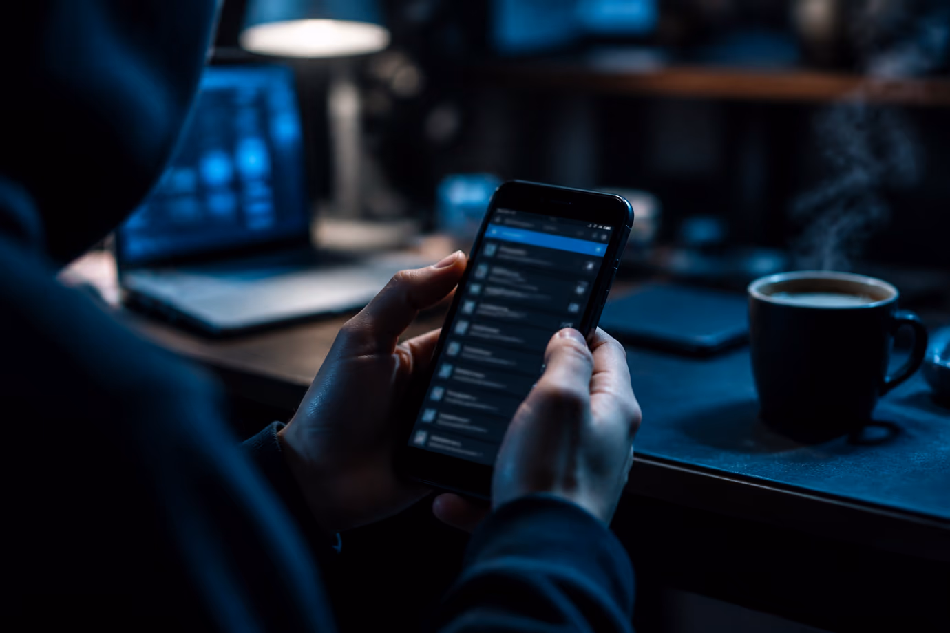 A person is focused on exploring onion site links on their smartphone in a cozy room.