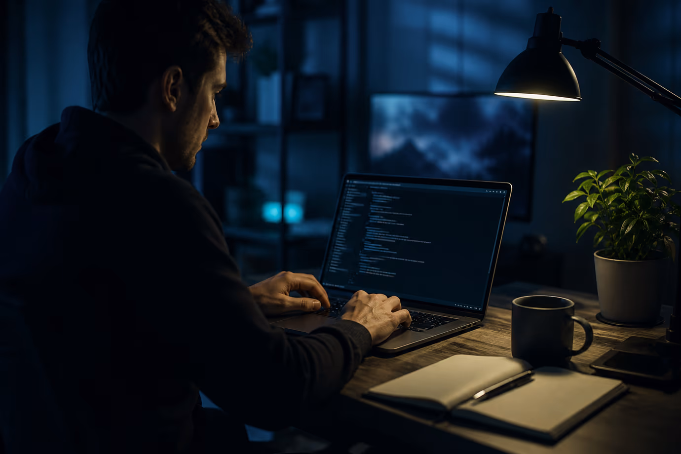 A person is configuring a web server for an onion service in a cozy workspace.