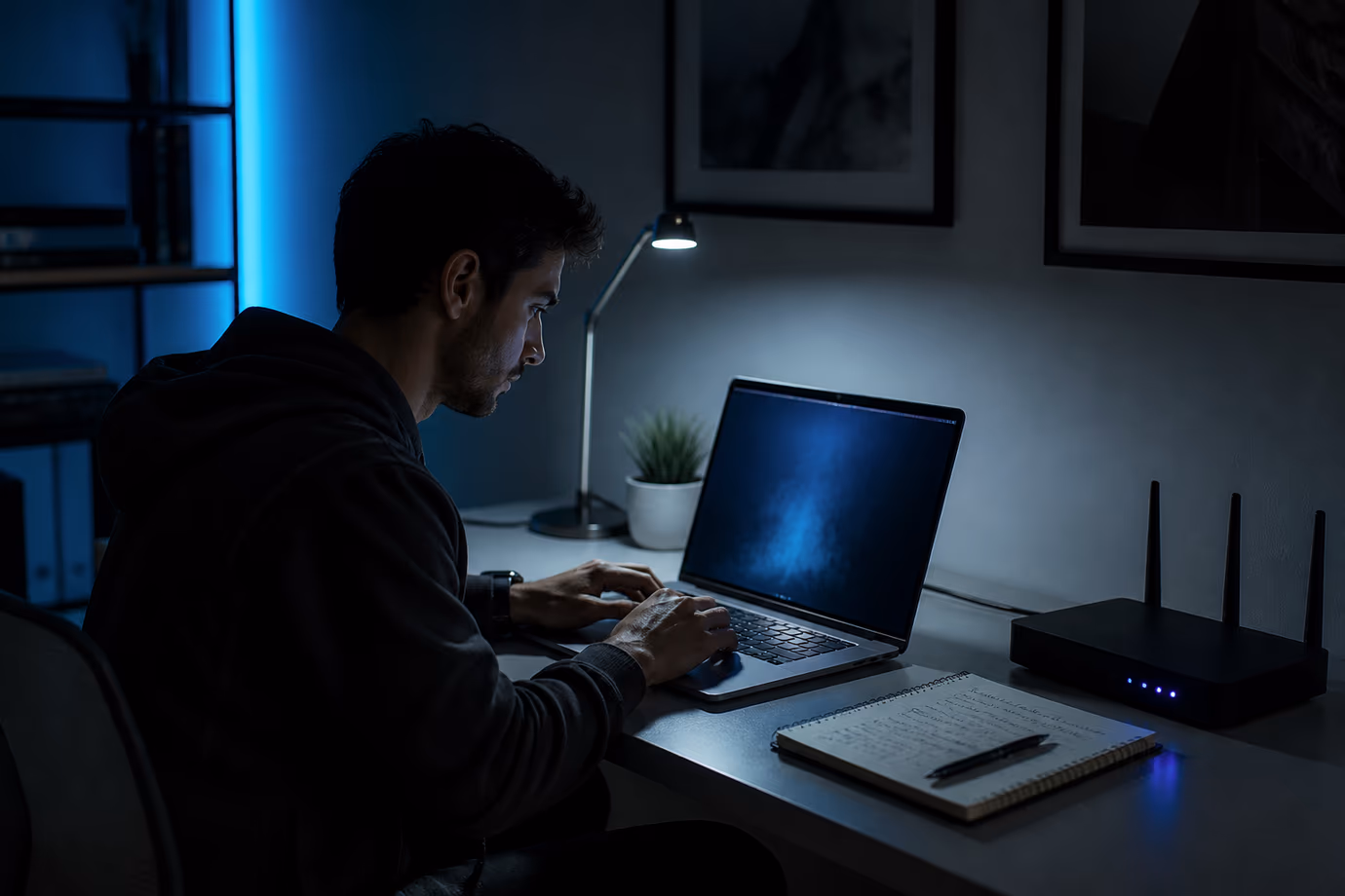 A user engaged in exploring the Tor network in a minimalist home office setting.