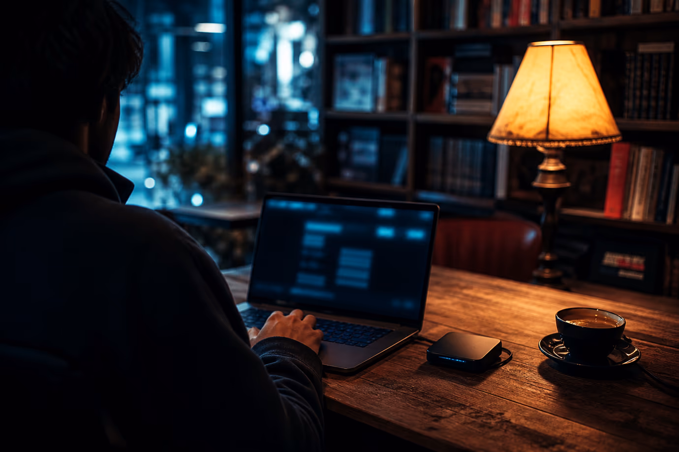A user engaged in secure browsing in a dim café setting.