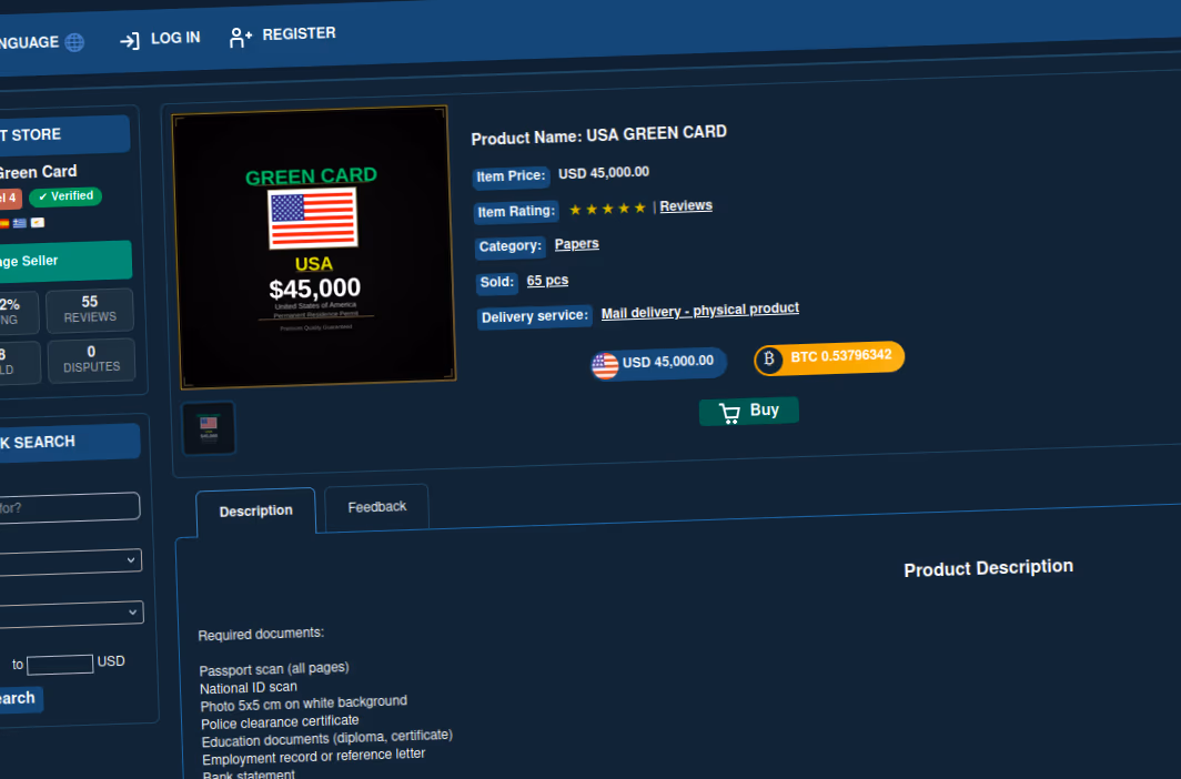 Dark web listing for green card