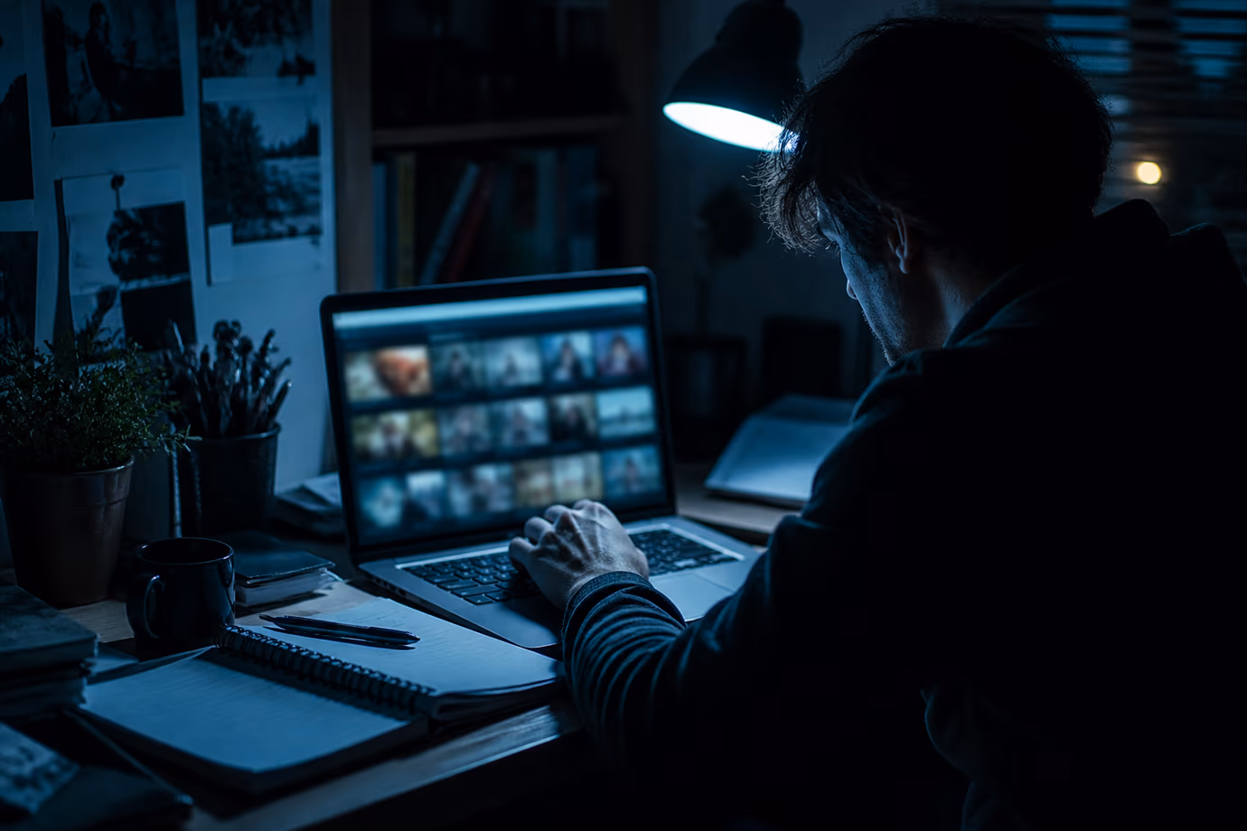 A user examines dark web image hosting sites in a dimly lit room.