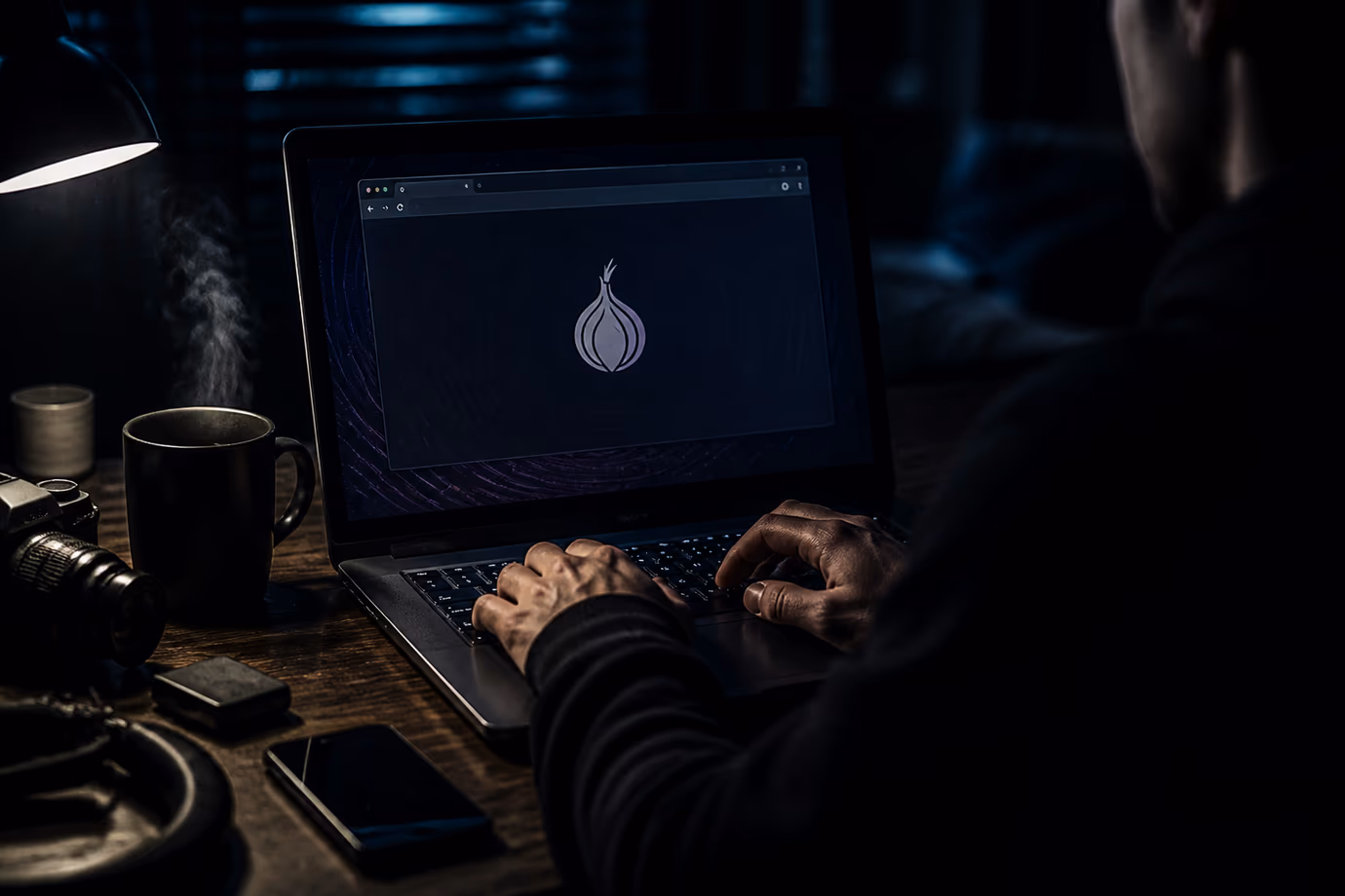 A user is engaged in browsing the dark web using Tor Browser on a laptop.