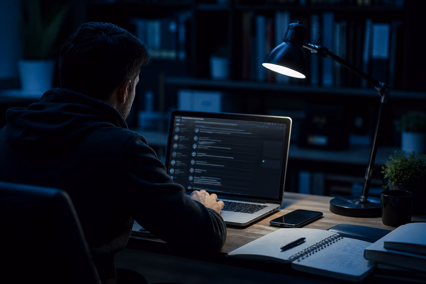 A user participates in a conversation on a dark web forum in a cozy workspace.