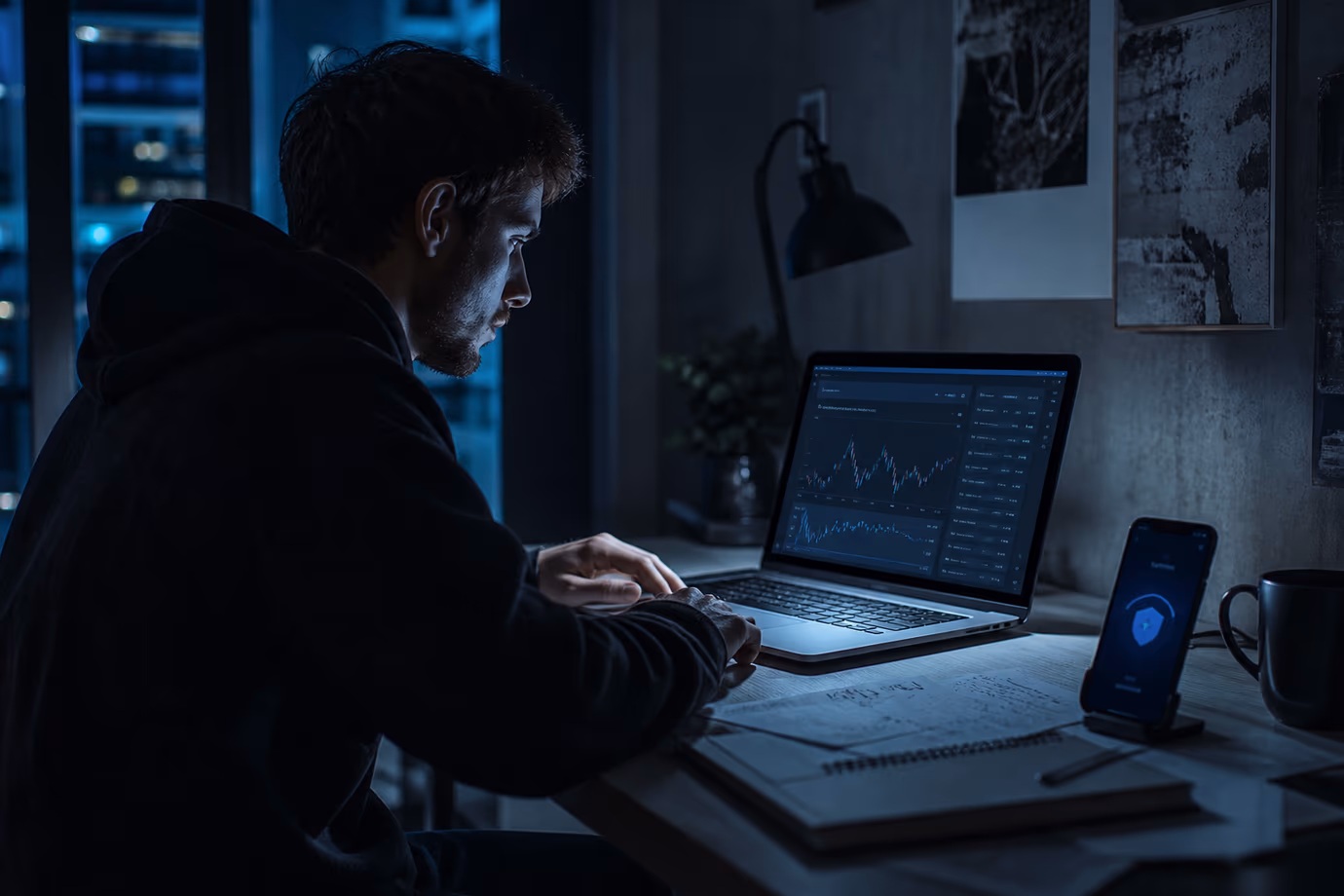 A user is carefully studying cryptocurrency transactions on their laptop in a dimly lit room.