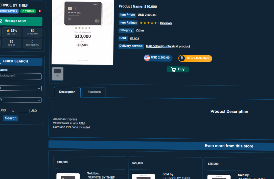 An online store interface displays 'SERVICE BY THIEF' for sale at $10,000, discounted to $2,500, with delivery and customer reviews.