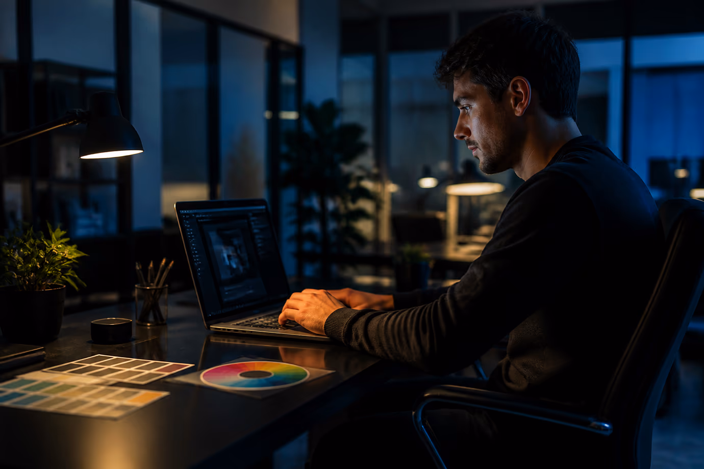 A web designer concentrating on creating a dark website color palette.