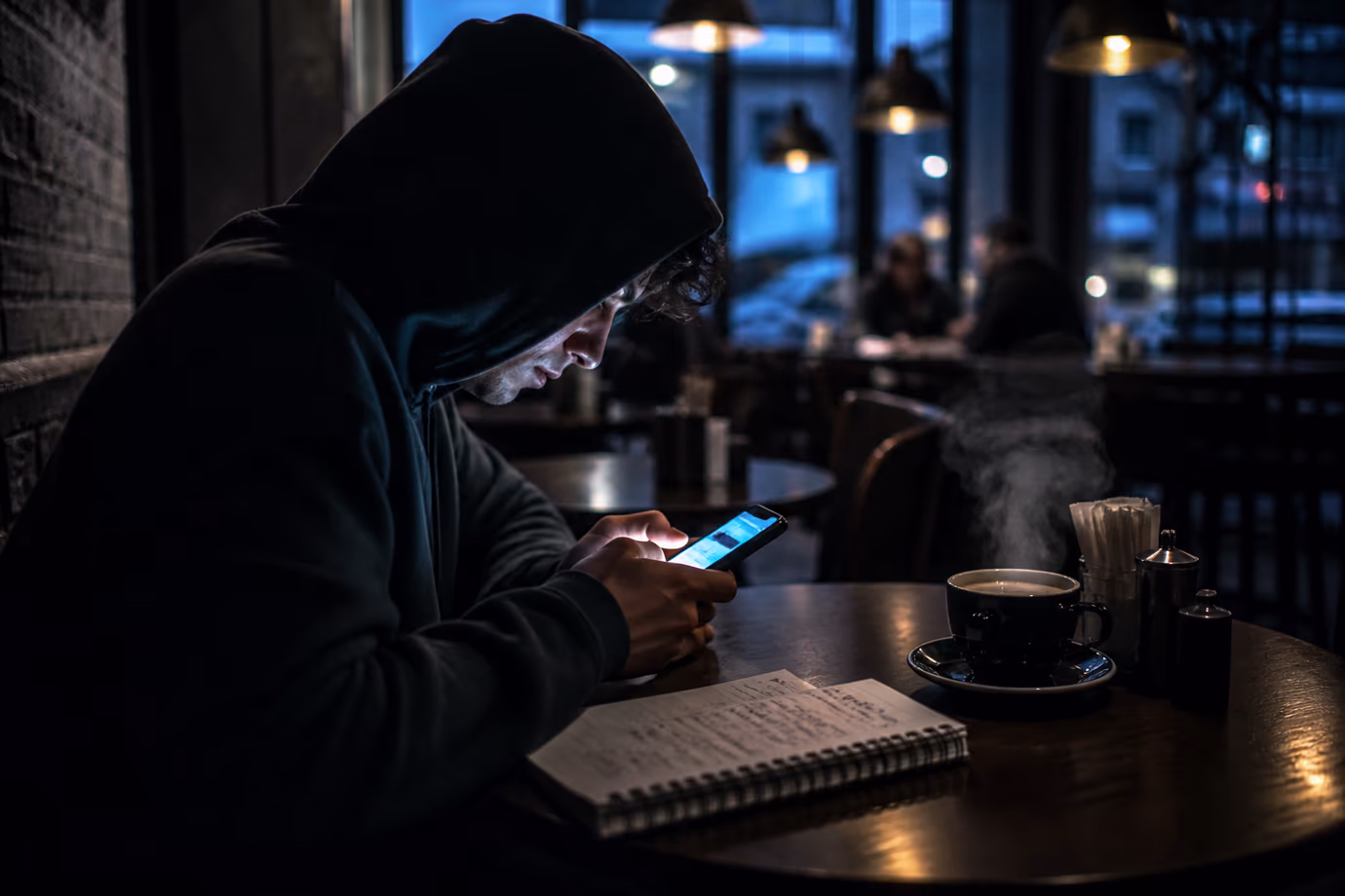 A user researches dark web resources at a café table, emphasizing privacy and anonymity.