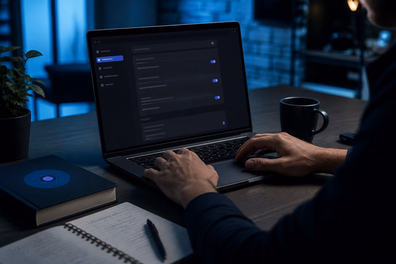 A user meticulously examines the security settings in Tor Browser at their desk.