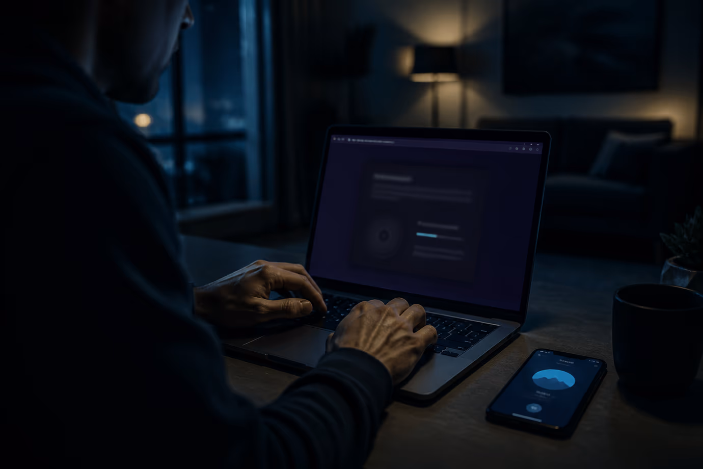 A person configuring Tor Browser on a laptop in a dimly lit living room.