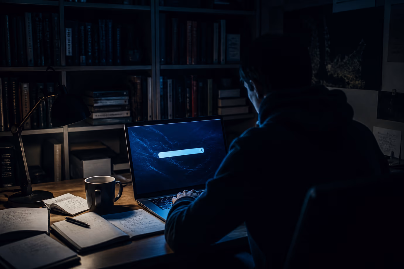 A person engaging with onion search engines on a laptop at a cozy desk.