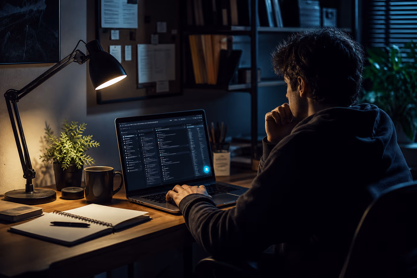 A user carefully analyzing GitHub repositories for dark web links in a cozy workspace.