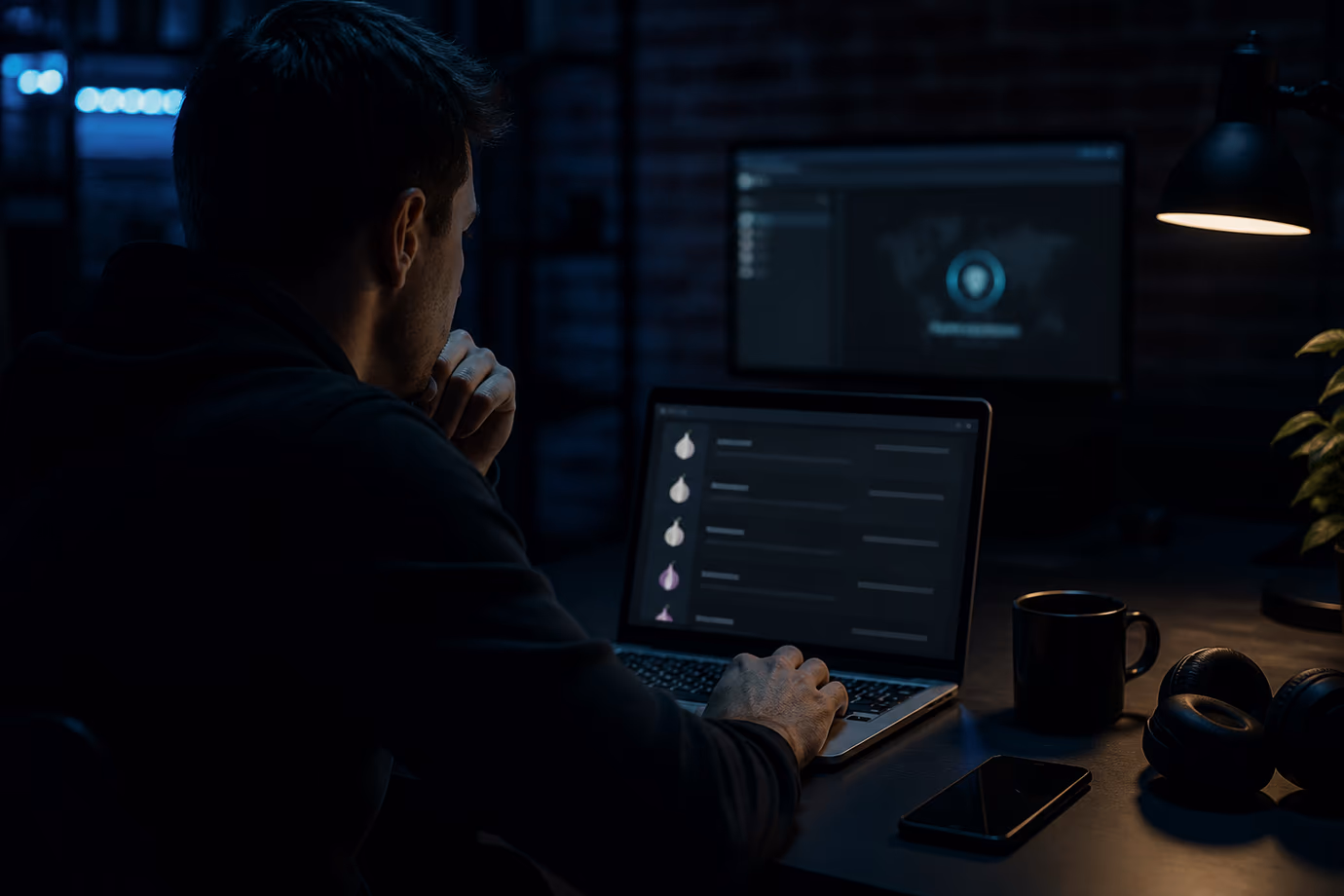 A user is deeply engaged in exploring onion sites on their laptop, prioritizing privacy.