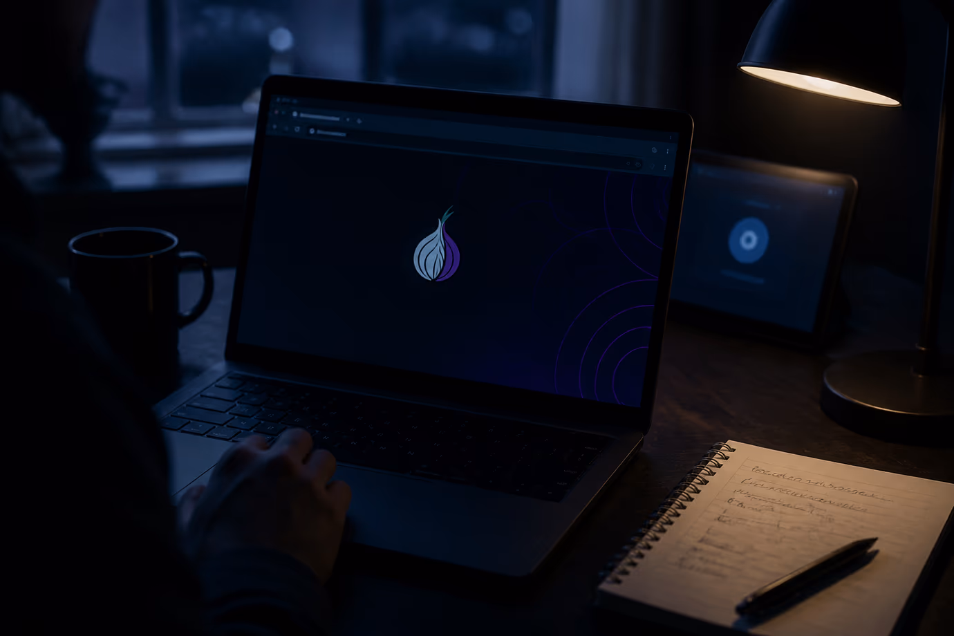 A person is intently using the Tor Browser on their laptop, surrounded by notes.