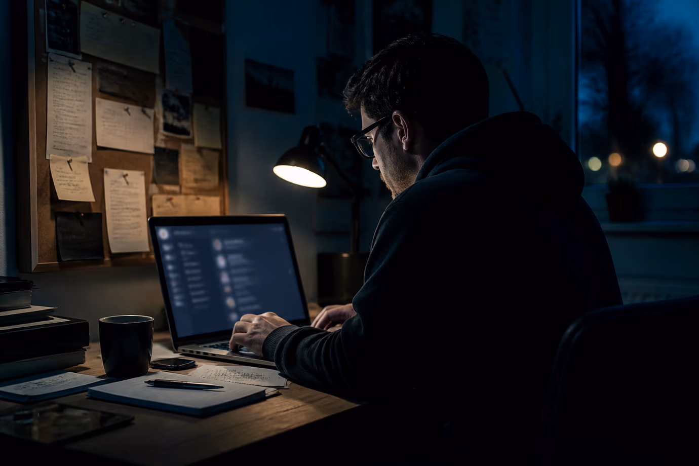 A user is engaging in an anonymous chat in a dimly lit home office.